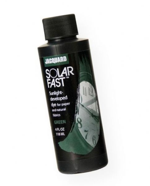 Jacquard JSD1-109 SolarFast Green Dye 4 oz; Use to create photograms, continuous tone photographs, shadow prints, and ombres on fabric and paper; Also great for painting, tie dyeing, screen printing, stamping, batik, and more; After applying the dye and while it is still wet, expose the design to sunlight and watch the color appear! Kid friendly, ammonia-free formula; UPC 743772028727 (JACQUARDJSD1109 JACQUARD-JSD1109 SOLARFAST--JSD1-109 JACQUARD/JSD1109 JSD1109 SCREEN PRINTING CRAFTS PAINTING)