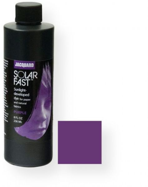 Jacquard JSD2-106 SolarFast 8 oz Purple Dye; Use to create photograms, continuous tone photographs, shadow prints, and ombres on fabric and paper; Also great for painting, tie dyeing, screen printing, stamping, batik, and more; After applying the dye and while it is still wet, expose the design to sunlight and watch the color appear; UPC 743772028857 (JSD2-106 JSD2106 SOLARFAST-JSD2-106 DYE-JSD2-106 JACQUARDJSD2-106 JACQUARD-JSD2-106)