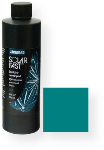 Jacquard JSD2-108 SolarFast 8 oz Teal Dye; Use to create photograms, continuous tone photographs, shadow prints, and ombres on fabric and paper; Also great for painting, tie dyeing, screen printing, stamping, batik, and more; After applying the dye and while it is still wet, expose the design to sunlight and watch the color appear; UPC 743772028871 (JSD2-108 JSD2108 SOLARFAST-JSD2-108 DYE-JSD2-108 JACQUARDJSD2-108 JACQUARD-JSD2-108)