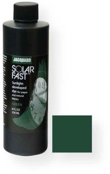 Jacquard JSD2-109 SolarFast 8 oz Green Dye; Use to create photograms, continuous tone photographs, shadow prints, and ombres on fabric and paper; Also great for painting, tie dyeing, screen printing, stamping, batik, and more; After applying the dye and while it is still wet, expose the design to sunlight and watch the color appear; UPC 743772028888 (JSD2-109 JSD2109 SOLARFAST-JSD2-109 DYE-JSD2-109 JACQUARDJSD2-109 JACQUARD-JSD2-109)