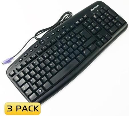 Microsoft JUB-00009 Wired Keyboard 500 Spanish Latin America (3-Pack), Compact Ergonomic Design, Spill-Resistant, Multimedia, Hot Keys, PS/2 Dedicated Connectivity, Dimensions 1.50