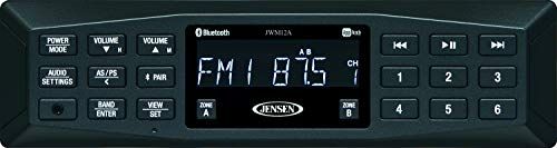 Jensen JWM12A Slimline AM/FM | AUX | Bluetooth | APP Ready Wallmount Stereo, Backlit Controls and Display; AM/FM Tuner/30 Preset station (12 AM/18 FM); Bluetooth Ready with A2DP/AVRCP Streaming Audio; High Contrast Segmented LCD Display with 10 Level Dimming; APP Ready; Electronic Bass, Treble, Balance and Fader Controls; UPC 681787023415 (JW-M12A JWM-12A JWM 12A) 
