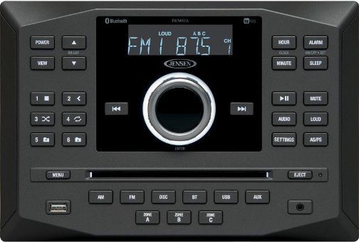 Jensen JWM60A App Ready Bluetooth Wallmount Stereo Mobile Audio System; Digital AM/FM Tuner/30 Preset Stations (12 AM/18 FM); Electronic Bass, Treble, Balance and Fader Controls; Skip Protected Disc Mechanism; Dedicated Bluetooth Button (A2DP, AVRCP) - 33-ft. Range; Three Speaker Zones; Remote Control Included; UPC 681787022814 (JWM62A JW-M60A JWM-60A JWM 60A JWM60)