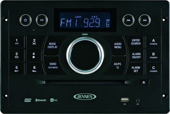 Jensen JWM6A Remanufactured AM/FM/DVD/CD/USB Bluetooth Stereo With Application Control; 12 V DC Power; Digital AM/FM Tuner/30 Preset stations (12 AM/18 FM); Auto-Store/Preset Scan; Bluetooth Ready with A2DP/AVRCP Streaming Audio; APP Ready (jControl); Pre-set Equalizer - 5 settings; Electronic Bass, Treble, Balance and Fader Control; Skip Protected Disc Mechanism; Slot type DVD/CD-R/RW and MP3 Compatible Weight 3.5 Lbs; UPC 713814113742 (JWM6AR)