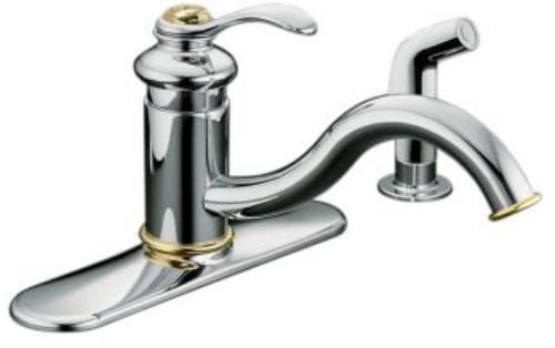 Kohler K-12172-CB Model K-12172 Fairfax Single-Control Kitchen Sink Faucet with Escutcheon and Handspray, Polished Chrome with Vibrant Polished Brass, 2.2 gpm (8.3 lpm) maximum flow rate, Metal construction, One-piece, self-contained ceramic disc valve allows both volume and temperature control, 9″ (22.9 cm) swing spout reach (K12172CB K12172-CB K-12172 K12172) 