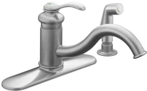 Kohler K-12172-G Model K-12172 Fairfax Single-Control Kitchen Sink Faucet with Escutcheon and Handspray, Brushed Chrome, 2.2 gpm (8.3 lpm) maximum flow rate, Metal construction, One-piece, self-contained ceramic disc valve allows both volume and temperature control, 9″ (22.9 cm) swing spout reach (K12172G K12172-G K-12172 K12172) 