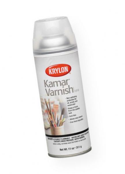 Krylon K1312 Kamar Varnish Spray; One of the most workable fixatives developed; Provides total protection for oils, acrylics, or watercolors; Can be used safely as a retouching varnish; Will not discolor with age and can be removed easily; 11 oz can; Shipping Weight 0.94 lb; Shipping Dimensions 7.25 x 2.75 x 0.5 in; UPC 724504013129 (KRYLONK1312 KRYLON-K1312 KAMAR-K1312 ARTWORK)