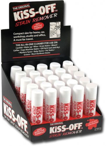 Kiss-Off K136D Stain Remover Display; Instantly removes stains from ink, oil, lipstick, makeup, blood, wine, grass, etc; When mixed with water, it's ideal for removing ink or marker stains; 24 pieces of K100; Dimensions 8