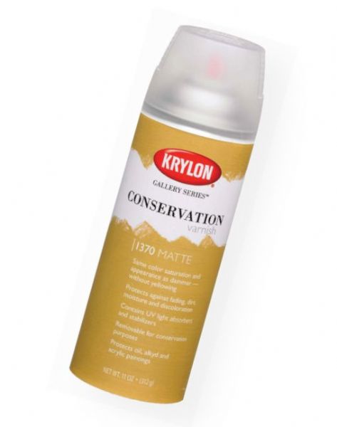 Krylon K1370 Gallery Series Conservation Varnish Spray Matte; A low molecular weight varnish with the same color saturation and appearance of dammar, but won't yellow; Contains UV light absorbers and stabilizers; Protects against fading, dirt, moisture, and discoloration; Colors appear saturated, and even acrylic paintings look more like oil; UPC 724504013709 (KRYLONK1370 KRYLON-K1370 GALLERY-SERIES-K1370 K1370 ARTWORK)