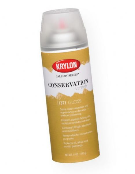 Krylon K1371 Gallery Series Conservation Varnish Spray Gloss; A low molecular weight varnish with the same color saturation and appearance of dammar, but won't yellow; Contains UV light absorbers and stabilizers; Protects against fading, dirt, moisture, and discoloration; Colors appear saturated, and even acrylic paintings look more like oil; UPC 724504013716 (KRYLONK1371 KRYLON-K1371 GALLERY-SERIES-K1371 K1371 ARTWORK)