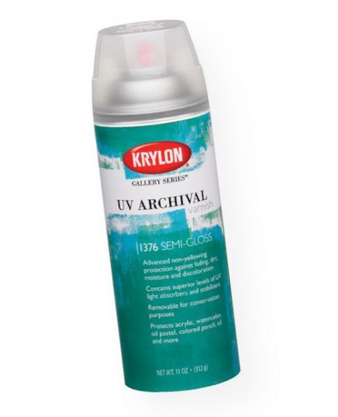 Krylon K1376 Gallery Series UV Archival Varnish Spray Semi-gloss; Contains Hindered Amine Light Stabilizer (HALS) and UV Absorber (UVA) for the maximum in UV protection; Varnish is removable for conservation with mineral spirits or isopropyl alcohol; UPC 724504013761 (KRYLONK1376 KRYLON-K1376 GALLERY-SERIES-K1376 K1376 ARTWORK)