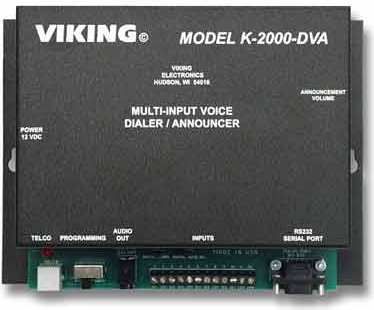 Viking Electronics K-2000-DVA Multi-Input Voice Alarm Dialer and Announcer; 8 minutes of record time (1 minute per input); Non-volatile memory (no batteries required), Stores up to seven 16-digit numbers and one 32 digit phone number per input trigger (K 2000 DVA K2000DVA K-2000 K2000-DVA K2000)