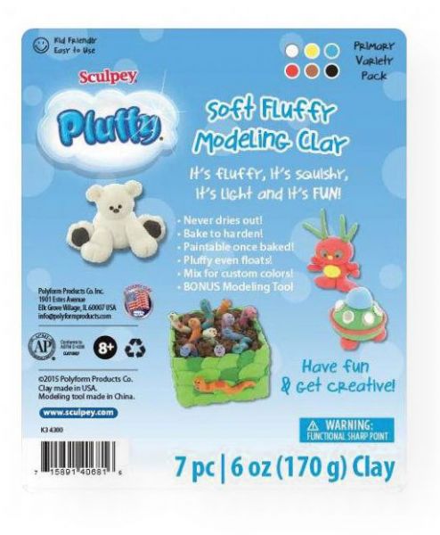 Sculpey K34300 Pluffy Primary Variety Pack; It's fluffy, it's squishy, it's light and it's FUN!; This amazingly versatile clay never dries out; PLUFFY is lightweight, but thick pieces bake hard so that they won't crack or break, even in larger pieces; Thinner baked pieces are durable and flexible; Once baked, PLUFFY can be painted with 100% acrylic paints and after baking PLUFFY even floats!; UPC 715891406816 (SCULPEYK34300 SCULPEY-K34300 PLUFFY-K34300 ARTWORK SCULPTING)