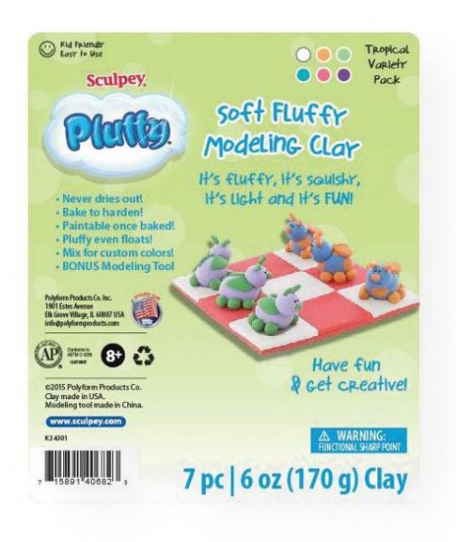 Sculpey K34301 Pluffy Tropical Variety Pack; It's fluffy, it's squishy, it's light and it's FUN!; This amazingly versatile clay never dries out; PLUFFY is lightweight, but thick pieces bake hard so that they wont crack or break, even in larger pieces; Thinner baked pieces are durable and flexible; Once baked, PLUFFY can be painted with 100% acrylic paints and after baking PLUFFY even floats!; UPC 715891406823 (SCULPEYK34301 SCULPEY-K34301 PLUFFY-K34301 ARTWORK SCULPTING)