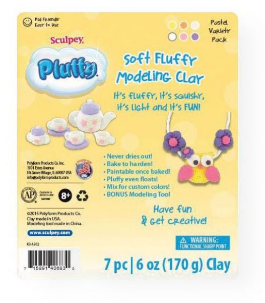 Sculpey K34302 Pluffy Pastel Variety Pack; It's fluffy, it's squishy, it's light and it's FUN!; This amazingly versatile clay never dries out; PLUFFY is lightweight, but thick pieces bake hard so that they won't crack or break, even in larger pieces; Thinner baked pieces are durable and flexible; Once baked, PLUFFY can be painted with 100% acrylic paints and after baking PLUFFY even floats!; UPC 715891406830 (SCULPEYK34302 SCULPEY-K34302 PLUFFY-K34302 ARTWORK SCULPTING)