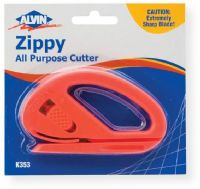 Alvin K353 Zippy All Purpose Cutter; One of the most versatile tools ever designed for cutting paper, cloth, and plastic films; A standard double edge razor blade is locked securely in the molded plastic handle; Slip the foot of the tool under the material to be cut and push for a straight, clean cut; Blister carded; UPC 088354600657 (K353 K-353 ZIPPY-K353 ALVINK353 ALVIN-K353 ALVIN-K-353) 