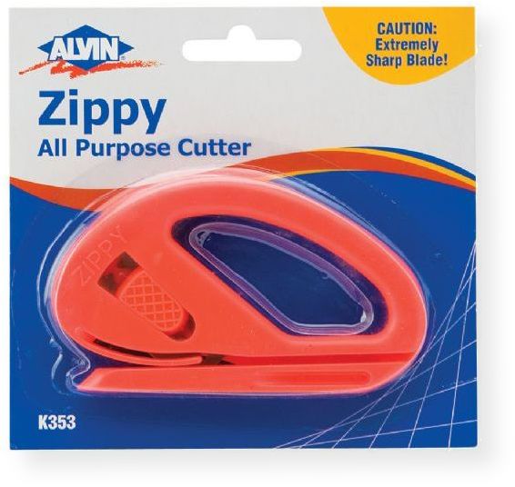 Alvin K353 Zippy All Purpose Cutter; One of the most versatile tools ever designed for cutting paper, cloth, and plastic films; A standard double edge razor blade is locked securely in the molded plastic handle; Slip the foot of the tool under the material to be cut and push for a straight, clean cut; Blister carded; UPC 088354600657 (K353 K-353 ZIPPY-K353 ALVINK353 ALVIN-K353 ALVIN-K-353)