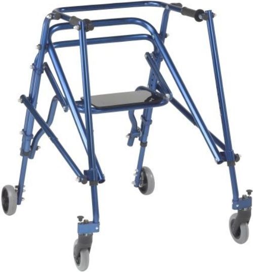 Drive Medical KA3200S-2GKB Nimbo Posterior Walker with Seat, Medium Size, Knight Blue, Smooth texture handgrip that increases comfort, Reverse style aluminum walker that easily adjusts in height, Includes Flip down seat, 5