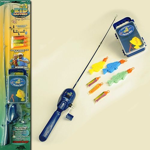Kid Casters KCDT2352 Jimmy Houston Boy's Fishing Combo; 29.5 youth size rod,  3:1:1 gear ratio reel, 8lb line; 3 sponge fish training lures that  instantly transform into large colorful sponge fish after