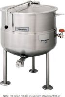 Cleveland KDL-100 Stationary 2/3 Steam Jacketed Direct Steam Kettle, 100 gallon capacity, 50 PSI steam jacket and safety valve rating, Draw Off Valve Features, Floor Model Installation Type, Partial Kettle Jacket, Steam Power Type, 3/4" Steam Inlet Size, Stationary Style, Single Kettle, 1/2" Water Inlet Size, 2" diameter tangent draw-off valve with drain strainer, UPC 400010765119 (KDL100 KDL-100 KDL 100) 