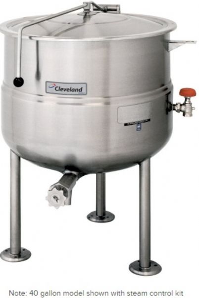 Cleveland KDL-100 Stationary 2/3 Steam Jacketed Direct Steam Kettle, 100 gallon capacity, 50 PSI steam jacket and safety valve rating, Draw Off Valve Features, Floor Model Installation Type, Partial Kettle Jacket, Steam Power Type, 3/4