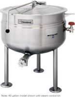 Cleveland KDL-100-F Stationary Full Steam Jacketed Direct Steam Kettle, 100 gallon capacity, Full steam jacket for faster heating, Adjustable feet, Stainless steel tubular construction, 35 PSI steam jacket and safety valve rating, 2" diameter tangent draw-off valve with drain strainer, 0.37" - 0.50" Water Inlet Size, 1.25" Steam Inlet Size, Draw Off Valve Features, Floor Model Installation, UPC 400010765270 (KDL100F KDL-100-F KDL 100 F) 