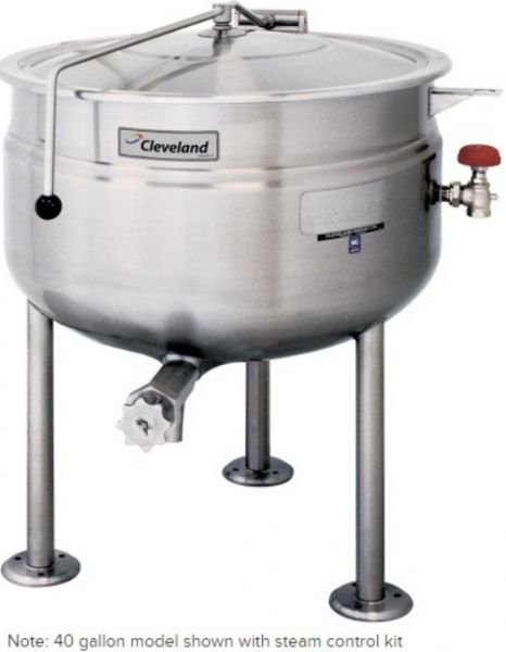 Cleveland KDL-100-F Stationary Full Steam Jacketed Direct Steam Kettle, 100 gallon capacity, Full steam jacket for faster heating, Adjustable feet, Stainless steel tubular construction, 35 PSI steam jacket and safety valve rating, 2