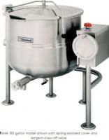 Cleveland KDL-100-T Tilting 2/3 Steam Jacketed Direct Steam Kettle, 100 gallon capacity, 50 PSI steam jacket and safety valve rating, 0.75" Steam Inlet Size, 0.50" Water Inlet Size, Quad-leg design provides excellent stability, Floor Model Installation Type, Partial Kettle Jacket, Steam Power Type, Tilting Style, Single Kettle Type, Adjustable feet, UPC 400010765003 (KDL-100-T KDL 100 T KDL100T) 