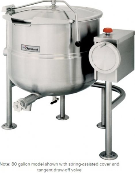 Cleveland KDL-100-T Tilting 2/3 Steam Jacketed Direct Steam Kettle, 100 gallon capacity, 50 PSI steam jacket and safety valve rating, 0.75