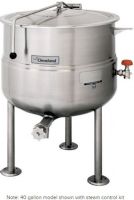 Cleveland KDL-150 Stationary 2/3 Steam Jacketed Direct Steam Kettle, 150 gallon capacity, 35 PSI steam jacket and safety valve rating, Draw Off Valve Features, Floor Model Installation Type, Partial Kettle Jacket, Steam Power Type, 3/4" Steam Inlet Size, Stationary Style, Single Kettle, 1/2" Water Inlet Size, 2" diameter tangent draw-off valve with drain strainer, UPC 400010765140 (KDL150 KDL-150 KDL 150) 