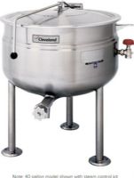 Cleveland KDL-30-F Stationary Full Steam Jacketed Direct Steam Kettle, 30 gallon capacity, 0.75" Steam Inlet Size, 0.37" - 0.50" Water Inlet Size, 50 PSI steam jacket and safety valve rating, Draw Off Valve Features, Floor Model Installation Type, Full Kettle Jacket, Steam Power Type, Stationary Style, Single Kettle, Full steam jacket for faster heating, Adjustable feet, Stainless steel tubular construction, UPC 400010765188 (KDL30F KDL-30-F KDL 30 F) 