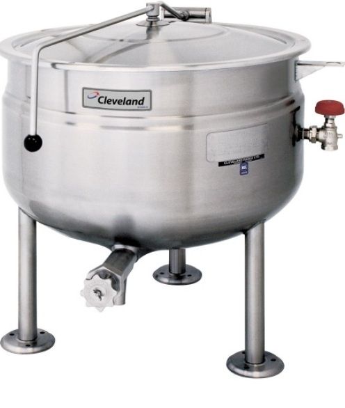 Cleveland KDL-40-SH Short Series 40 Gallon Stationary Full Steam Jacketed Direct Steam Kettle, 50 PSI rating on steam jacket and safety valve, 40 Gallons Capacity, Draw Off Valve Features, Floor Model Installation, Partial Kettle Jacket, Steam Power, 3/4