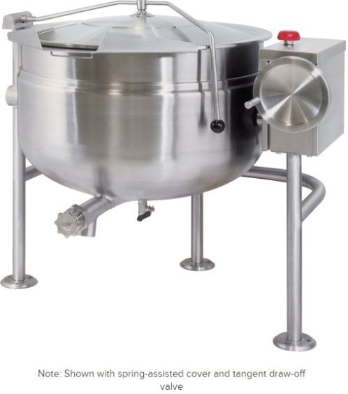 Cleveland KDL-40-TSH Short Series 40 Gallon Tilting Full Steam Jacketed Direct Steam Kettle, 50 PSI rating on steam jacket and safety valve, 40 Gallons Capacity, Floor Model Installation, Partial Kettle Jacket, Steam Power, 3/4