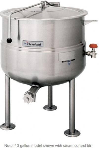 Cleveland KDL-60 Stationary 2/3 Steam Jacketed Direct Steam Kettle, 60 gallon capacity, 50 PSI steam jacket and safety valve rating, Draw Off Valve Features, Floor Model Installation Type, Partial Kettle Jacket, Steam Power Type, 3/4