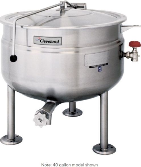 Cleveland KDL-60-SH Short Series 60 Gallon Stationary Full Steam Jacketed Direct Steam Kettle, 50 PSI rating on steam jacket and safety valve, 60 Gallons Capacity, Draw Off Valve Features, Floor Model Installation, Partial Kettle Jacket, Steam Power, 3/4