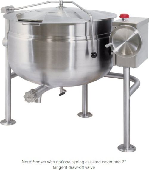 Cleveland KDL-60-TSH Short Series 60 Gallon Tilting Full Steam Jacketed Direct Steam Kettle, 50 PSI rating on steam jacket and safety valve, 60 Gallons Capacity, Floor Model Installation, Partial Kettle Jacket, Steam Power, 3/4