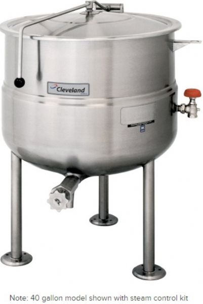 Cleveland KDL-80 Stationary 2/3 Steam Jacketed Direct Steam Kettle, 80 gallon kettle, 50 PSI steam jacket and safety valve rating, Draw Off Valve Features, Floor Model Installation, Partial Kettle Jacket, Steam Power, 3/4