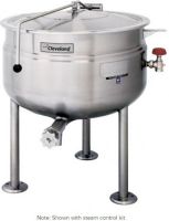 Cleveland KDL-80-F Stationary Full Steam Jacketed Direct Steam Kettle, 80 gallon capacity, 0.75" Steam Inlet Size, 0.37" - 0.50" Water Inlet Size, 50 PSI steam jacket and safety valve rating, Draw Off Valve Features, Floor Model Installation Type, Full Kettle Jacket, Steam Power Type, Stationary Style, Single Kettle, Full steam jacket for faster heating, Adjustable feet, Stainless steel tubular construction, UPC 400010765225 (KDL60F KDL-80-F KDL 80 F) 