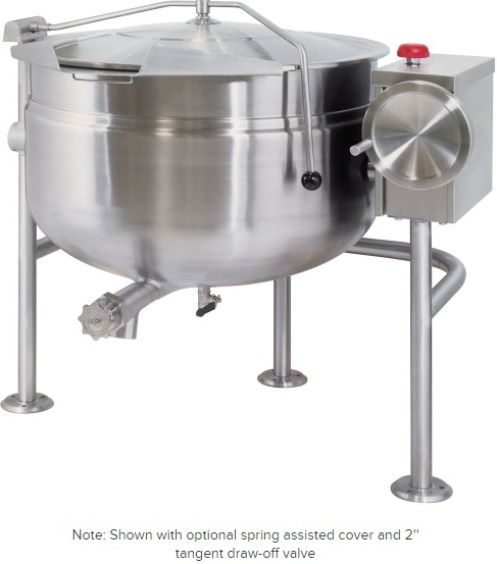 Cleveland KDL-80-TSH Short Series 80 Gallon Tilting Full Steam Jacketed Direct Steam Kettle, 50 PSI rating on steam jacket and safety valve, 80 Gallons Capacity, Floor Model Installation, Partial Kettle Jacket, Steam Power, 3/4