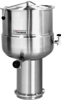 Cleveland KDP-100 Stationary 2/3 Steam Jacketed Pedestal-Mounted Direct Steam Kettle, 100 gallon kettle, 50 PSI steam jacket and safety valve rating, 100 Gallons Capacity, Floor Model Installation Type, Partial Kettle Jacket, Steam Power Type, 0.75" Steam Inlet Size, Tilting Style, Single Kettle, 0.5" Water Inlet Size, 2" diameter tangent draw-off valve with drain strainer, UPC 400010765348 (KDP100 KDP-100 KDP 100) 