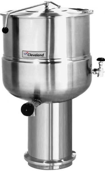 Cleveland KDP-100 Stationary 2/3 Steam Jacketed Pedestal-Mounted Direct Steam Kettle, 100 gallon kettle, 50 PSI steam jacket and safety valve rating, 100 Gallons Capacity, Floor Model Installation Type, Partial Kettle Jacket, Steam Power Type, 0.75