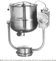 Cleveland KDP-25-T Direct Steam Kettle with Pedestal Base, 2/3 Steam Jacket, 25 gallon kettle, Floor Model Installation Type, Partial Kettle Jacket, Steam Power Type, 0.75" Steam Inlet Size, Tilting Style, Single Kettle, 0.5" Water Inlet Size, High capacity pouring lip, Connect directly to existing steam source, 50 PSI steam jacket and safety valve rating, Stainless steel construction, UPC 400010765034 (KDP-25-T KDP 25 T KDP25T) 