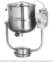 Cleveland KDP-60-T Direct Steam Kettle with Pedestal Base, 2/3 Steam Jacket, 60 gallon kettle, Floor Model Installation Type, Partial Kettle Jacket, Steam Power Type, 0.75" Steam Inlet Size, Tilting Style, Single Kettle, 0.5" Water Inlet Size, High capacity pouring lip, Connect directly to existing steam source, 50 PSI steam jacket and safety valve rating, Stainless steel construction, UPC 400010765058 (KDP-60-T KDP 60 T KDP60T) 
