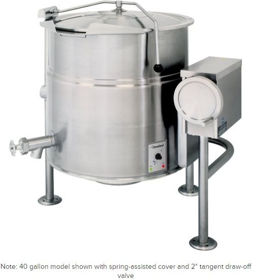 Cleveland KEL-100-T Tilting 2/3 Steam Jacketed Electric Kettle, 100 gallon capacity, 47.1 Amps, 60 Hertz, 3 Phase, 14.7 - 19.6 Kilowatts Wattage, Floor Model Installation, Partial Kettle Jacket, Electric Power Type, Tilting Style, Single Kettle, 0.38