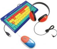Califone KIDSPACK Kids Computer Peripheral Package, Includes Kids Keyboard (KB1), Headphone (2800-RD) and Mouse (KM100), Color-coded keys help identify and locate function (green), consonants (yellow), vowels (orange) & number (red) keys, Adjustable headband sized specifically for young children, UPC 610356559000 (KIDS-PACK KIDS PACK) 