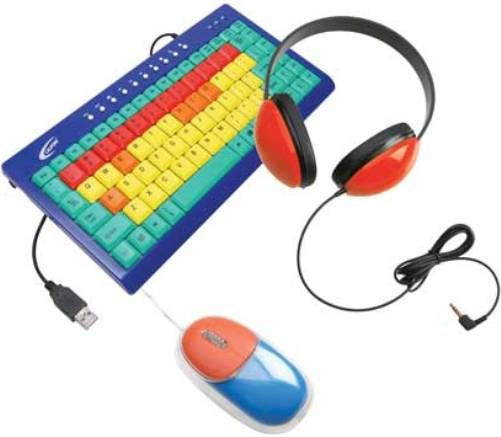 Califone KIDSPACK Kids Computer Peripheral Package, Includes: Kids Keyboard (KIDSKEY), Headphone (2800-RD) & Mouse (KM100), Color-coded keys help identify and locate function (green), consonants (yellow), vowels (orange) & number (red) keys; Adjustable headband specifically sized for young children; USB and PS2 connection, UPC 610356559000 (KIDS-PACK KIDS PACK KIDSPK KDSPK)