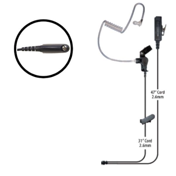 Klein Electronics Director-M4 Two Wire Surveillance Earpiece, The director surveillance radio earpiece comes with kevlar reinforced, Fully insulated cabling, Noise reduction microphone with side-bar PTT and steel clothing clip, Detachable audio tube at the end with an eartip that fits either the left or right ear, Ideal for use by security workers, UPC 898609002187 (KLEIN-DIRECTOR-M4 DIRECTOR-M4 KLEINDIRECTORM4 TWO-WIRE-EARPIECE)