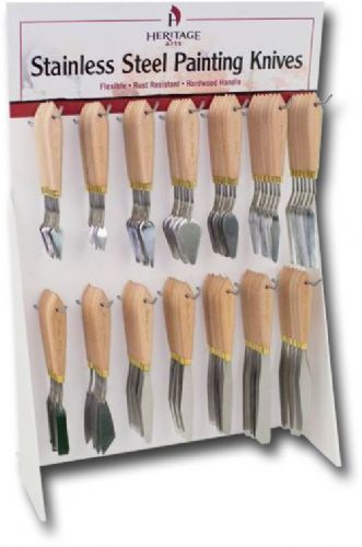Heritage Art KN14D Painting Knives Display Assortment; Made of flexible, rust resistant, stainless steel securely attached to polished hardwood handles; Features excellent spring and control; Also can be used for mixing or scraping paint; UPC 088354808244 (HERITAGEARTKN14D HERITAGEART KN14D HERITAGE ART KN 14D KN14 D HERITAGEART-KN14D HERITAGE-ART KN-14D KN14-D)