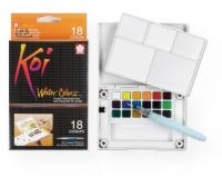 Koi XNCW-18N Watercolor Paint Pocket Field Sketch 18-Color Set; Specially formulated half pan watercolors allow blending for an endless color range; Each set contains a brush with a unique water reservoir barrel to carry water in the kit, two dabbing sponges, and a heavy-duty case with a detachable, pegged palette; The snap lid also acts as an easel for postcard sized paper; UPC 084511388949 (KOIXNCW18N KOI-XNCW18N KOI-XNCW-18N KOI-XNCW18N SKETCHING) 