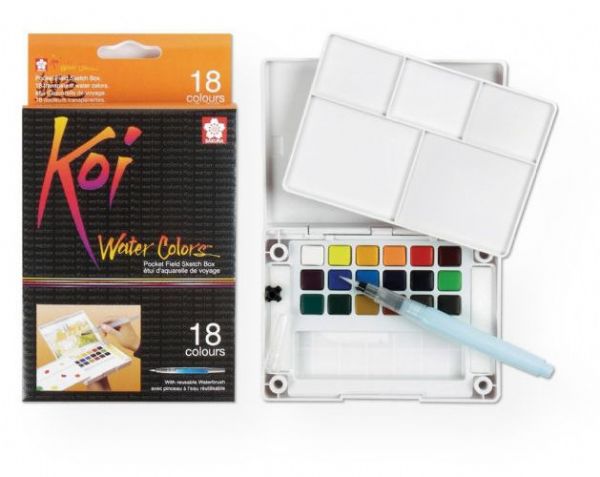 Koi XNCW-18N Watercolor Paint Pocket Field Sketch 18-Color Set; Specially formulated half pan watercolors allow blending for an endless color range; Each set contains a brush with a unique water reservoir barrel to carry water in the kit, two dabbing sponges, and a heavy-duty case with a detachable, pegged palette; The snap lid also acts as an easel for postcard sized paper; UPC 084511388949 (KOIXNCW18N KOI-XNCW18N KOI-XNCW-18N KOI-XNCW18N SKETCHING)